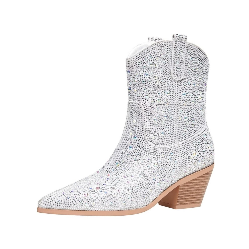 Silver Rhinestone Western Ankle Boots Crystal Cowgirl Booties Pointed Toe 37 8